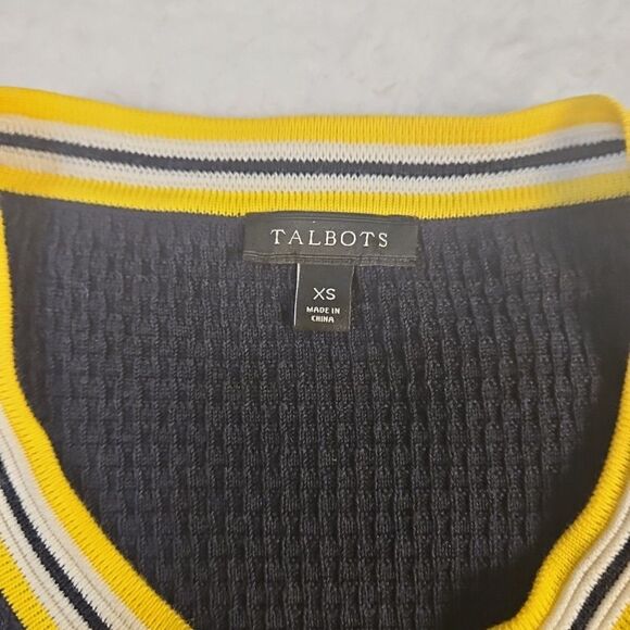 Talbots Cardigan Sweater Womens XS‎ Navy Blue Button Front Yellow White Trim - Picture 2 of 9